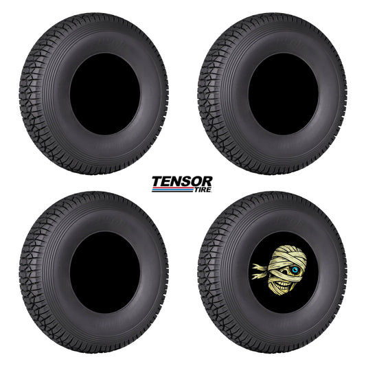 Four black tires with Tensor Tire logo on a white background