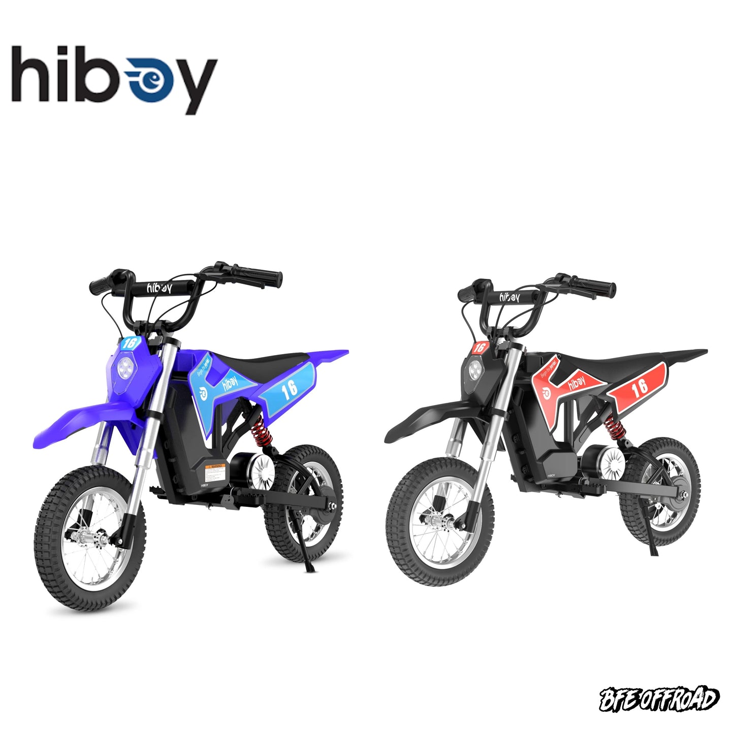 Two children's electric bikes, one blue and one black with red accents, on a white background with 'hiboy' branding.