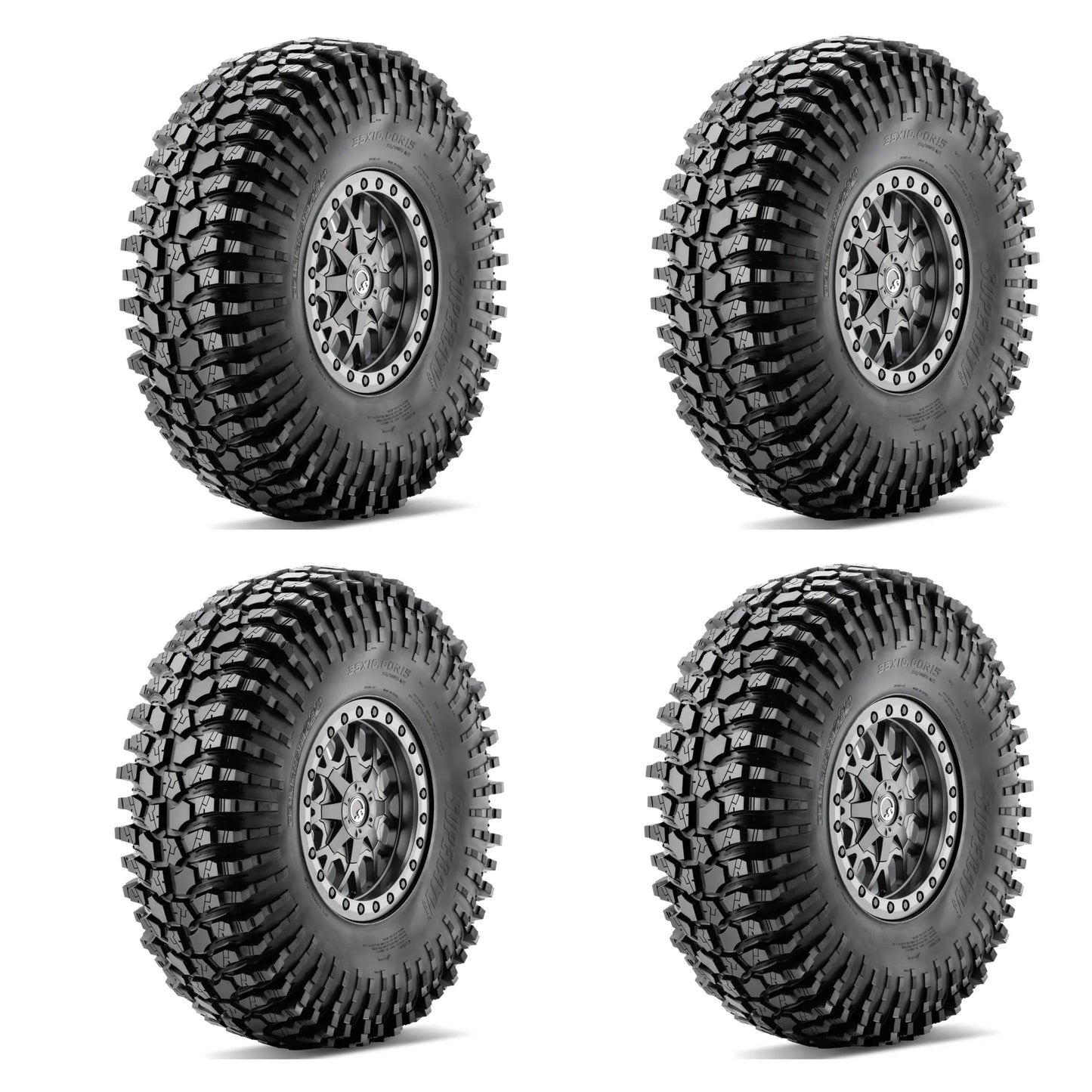 Four off-road tires with tread patterns on a white background