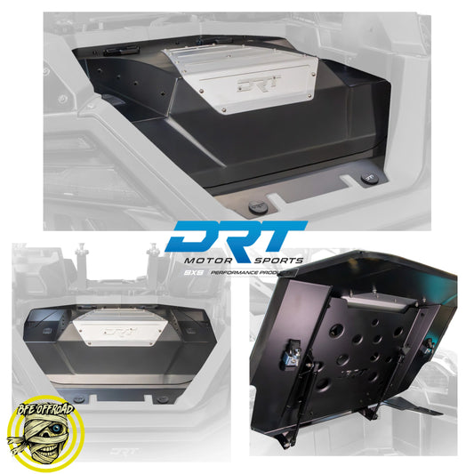 Automotive undercarriage protection panel with DRT Motor Sports branding.
