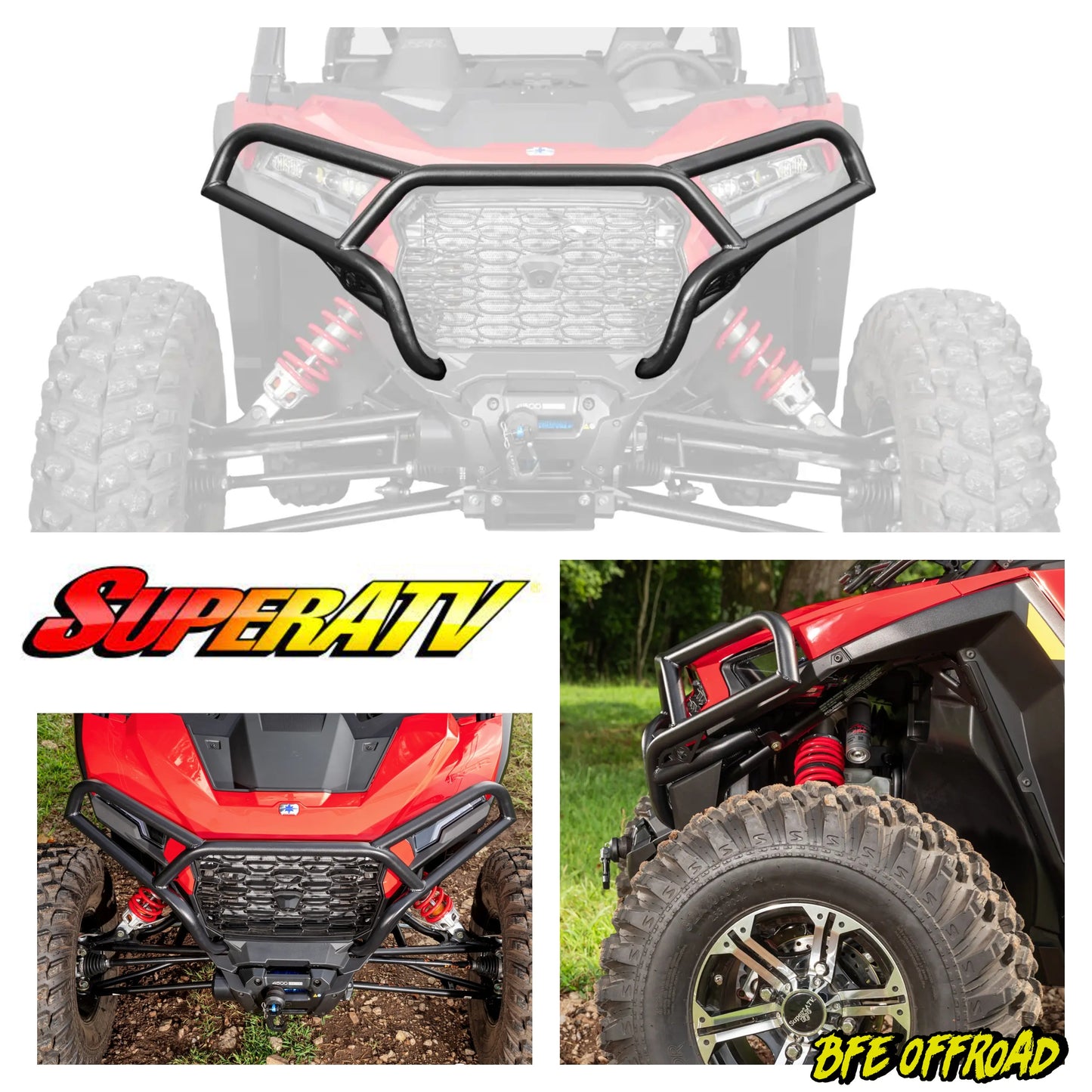 Front bumper for a red off-road vehicle with SuperATV and BFE Offroad branding.