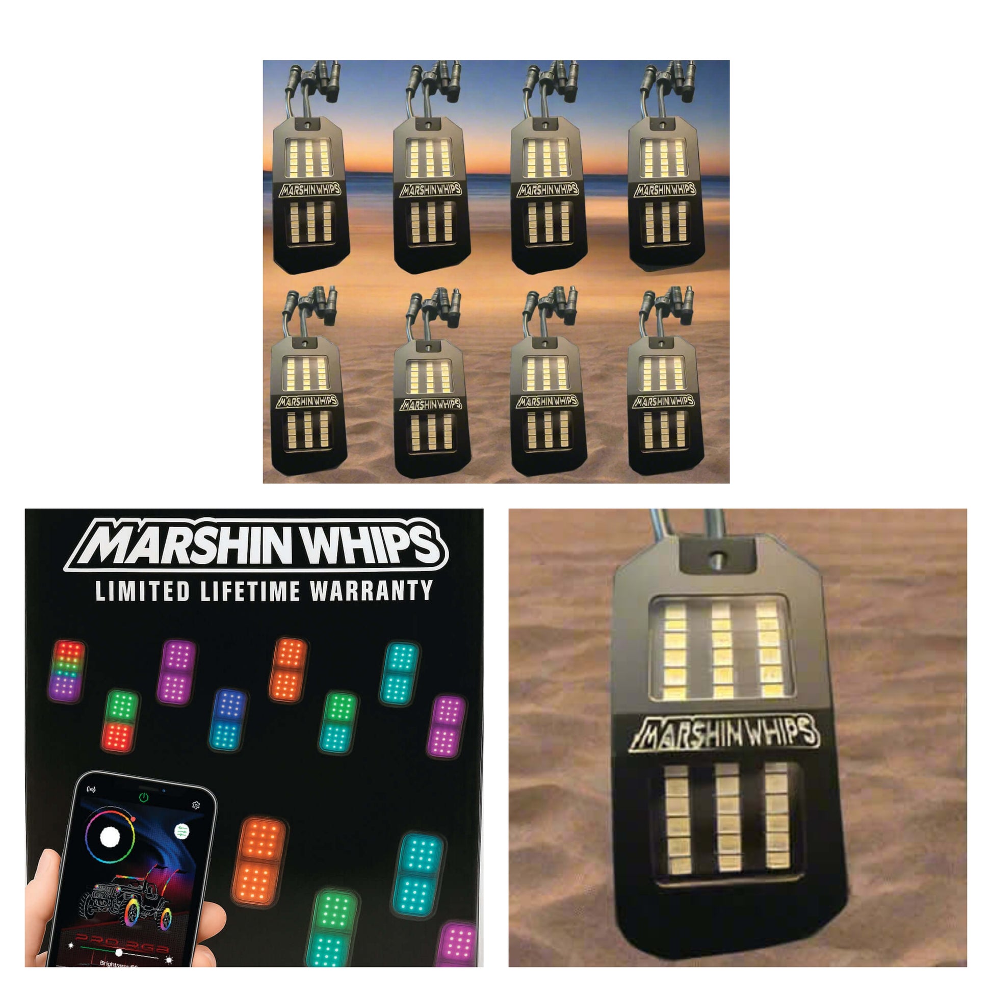 Marshin Whips LED light tags with a limited lifetime warranty card and smartphone app interface.