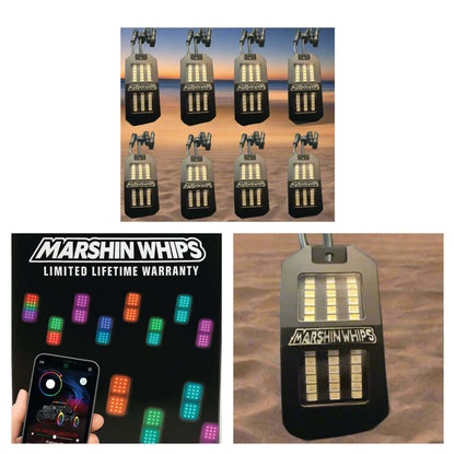Marshin Whips LED light tags with a limited lifetime warranty card and smartphone app interface.