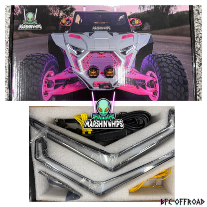 Top image of a pink and gray off-road vehicle with 'Marshin Whips' branding, bottom image of 'Marshin Whips' product packaging.