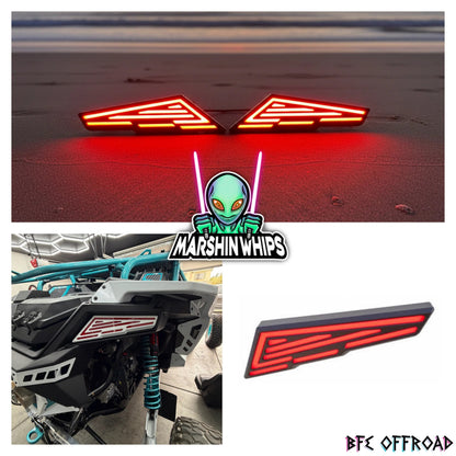 Red LED light bar on a vehicle with Marshin Whips logo and BFE Offroad branding.