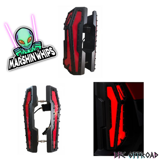 Red and black off-road vehicle tailight with Marshin Whips logo on a white background