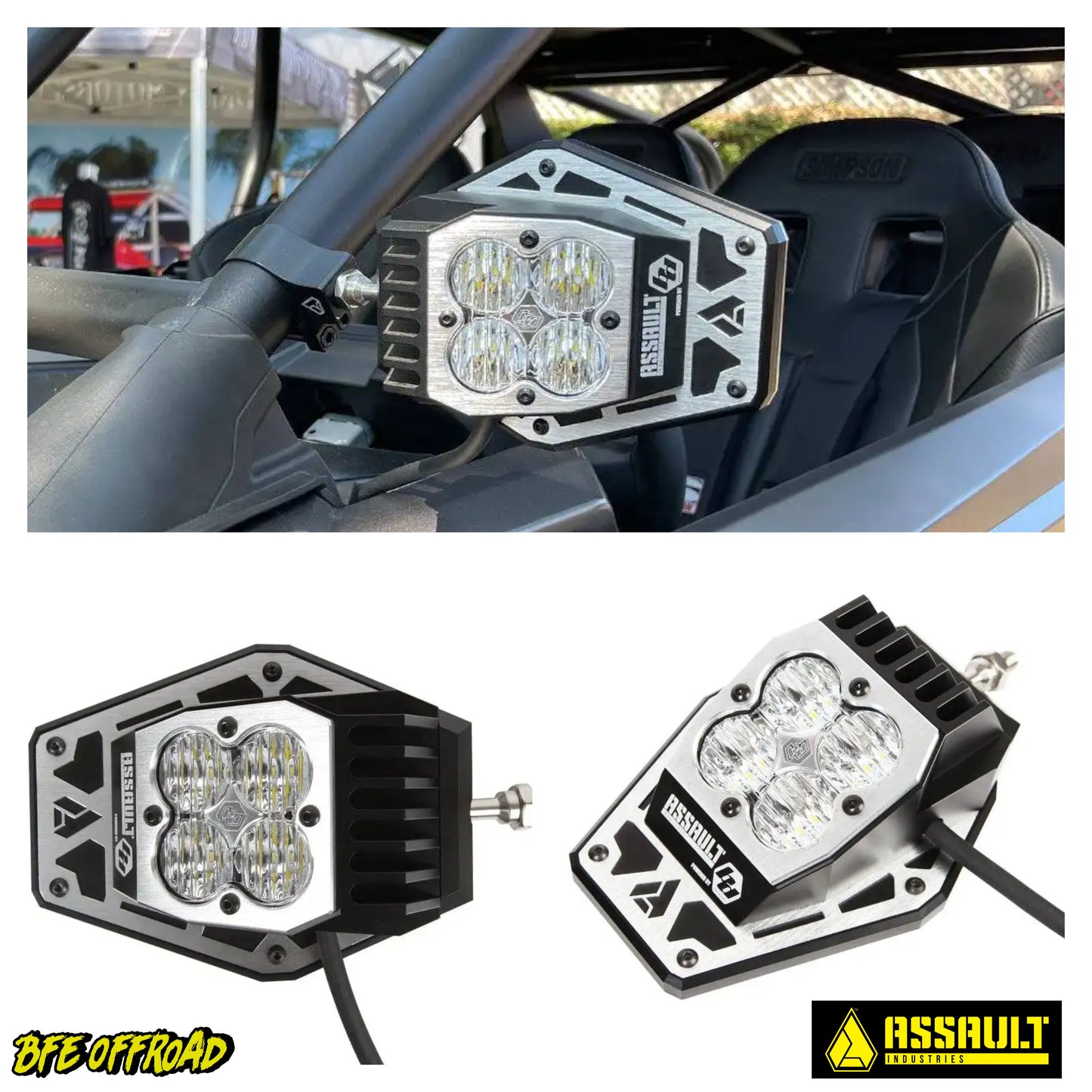 Assault Offroad LED lights on a vehicle with a visible brand logo.