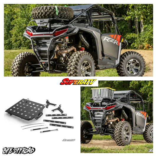 Off-road vehicle with SuperATV and BFE Offroad branding, showing parts and assembly.