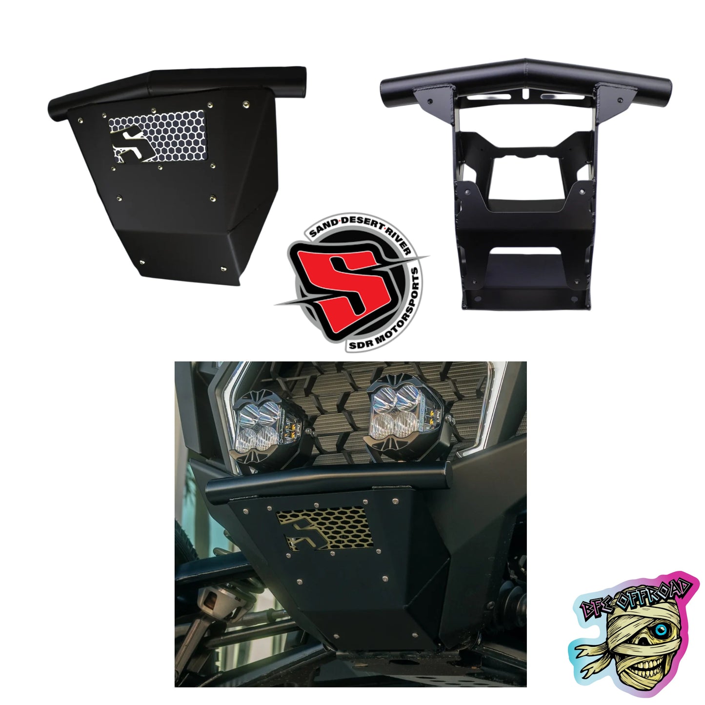 Black heavy-duty off-road bumper guard and mounting bracket kit shown from multiple angles, including a installed view on a vehicle. Features a honeycomb grille cutout and mounting hardware, with Sand Desert Dirt and BFE Offroad logos.