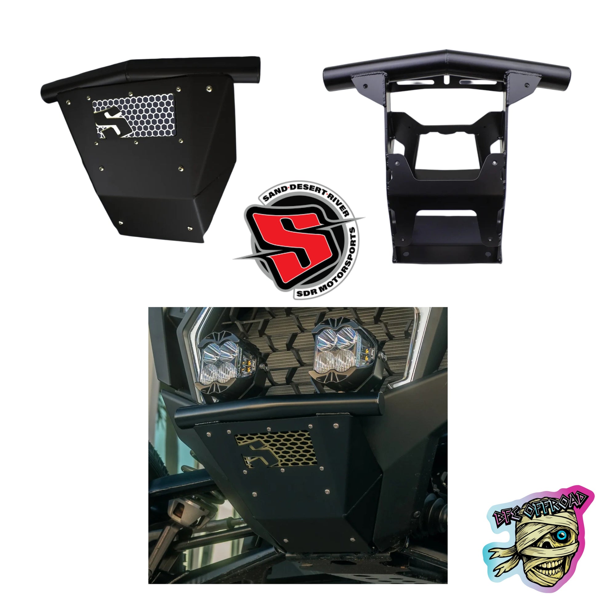 Black heavy-duty off-road bumper guard and mounting bracket kit shown from multiple angles, including a installed view on a vehicle. Features a honeycomb grille cutout and mounting hardware, with Sand Desert Dirt and BFE Offroad logos.