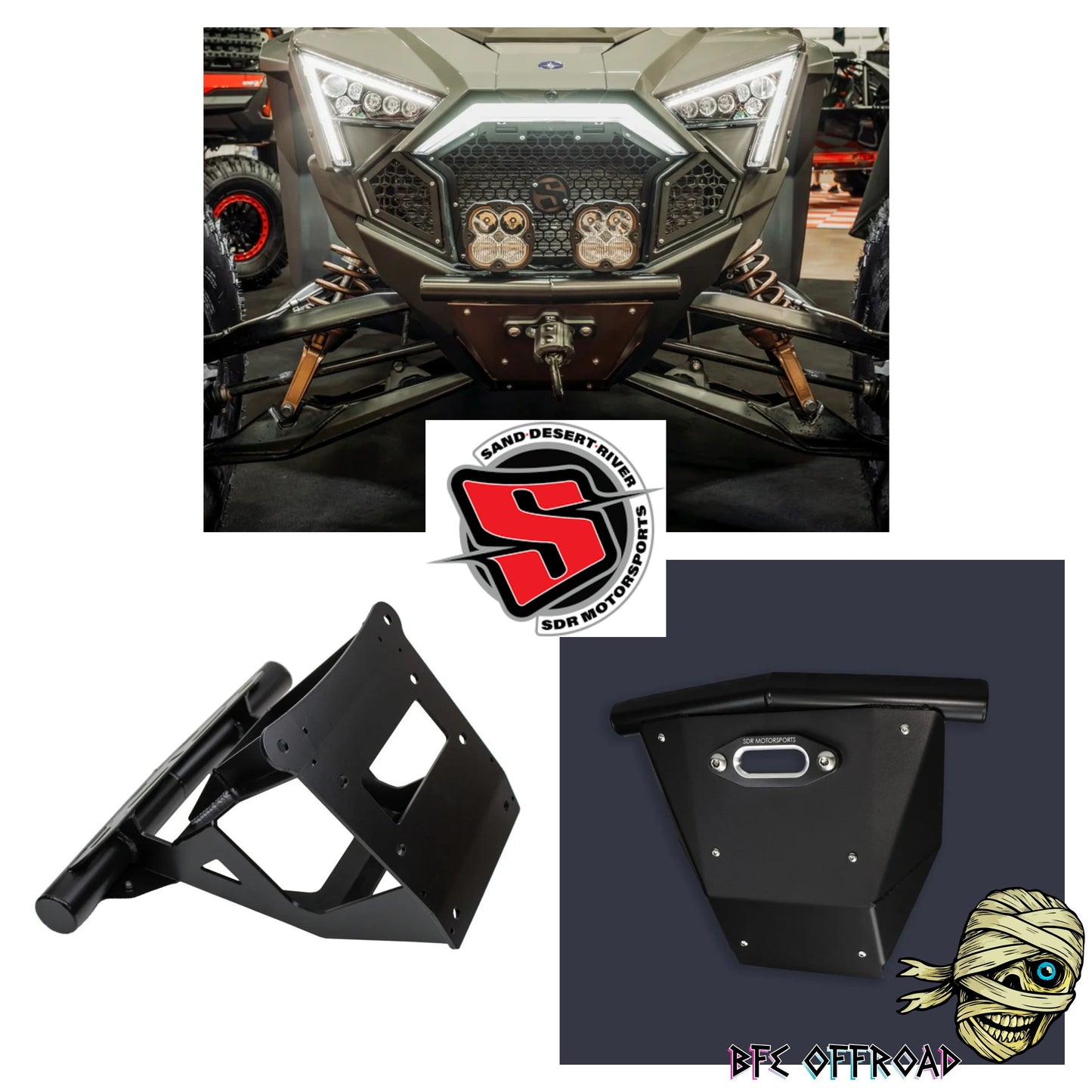 Black metal front bumper guard and matching side guards for an off-road vehicle, shown with a vehicle installation photo, product cutaway views, SDR Logo, and an BFE Offroad skull graphic.