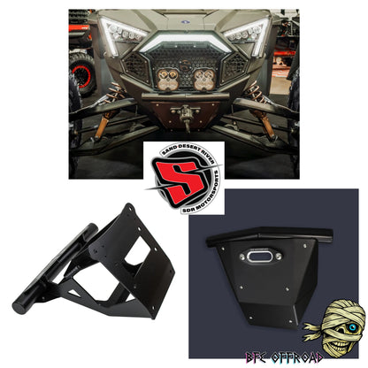 Black metal front bumper guard and matching side guards for an off-road vehicle, shown with a vehicle installation photo, product cutaway views, SDR Logo, and an BFE Offroad skull graphic.