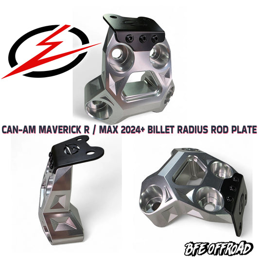 Metallic radius rod plate with BFE Offroad branding on a white background