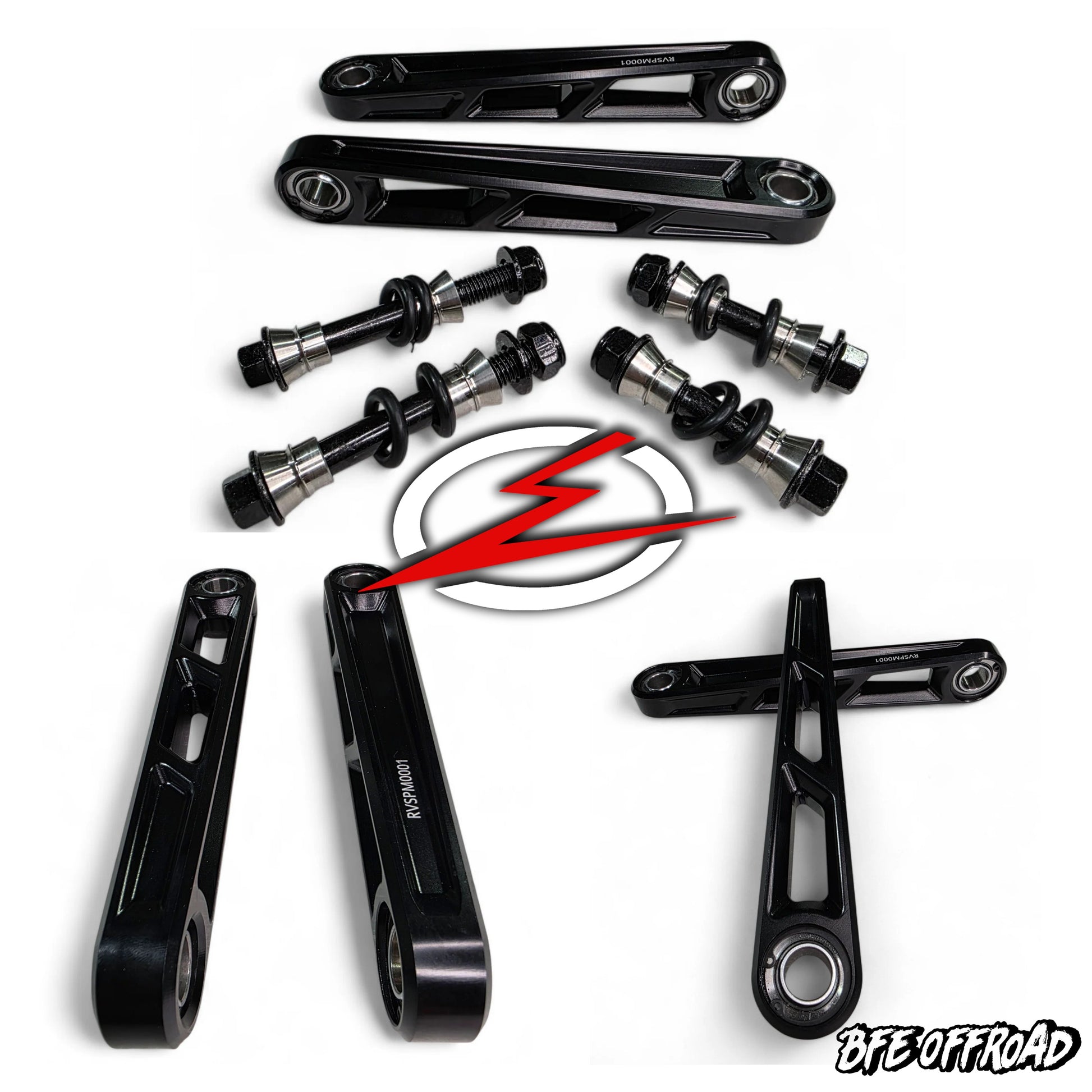 Black metal components on a white background with a brand logo.