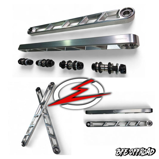 Metallic suspension components with a branded logo on a white background