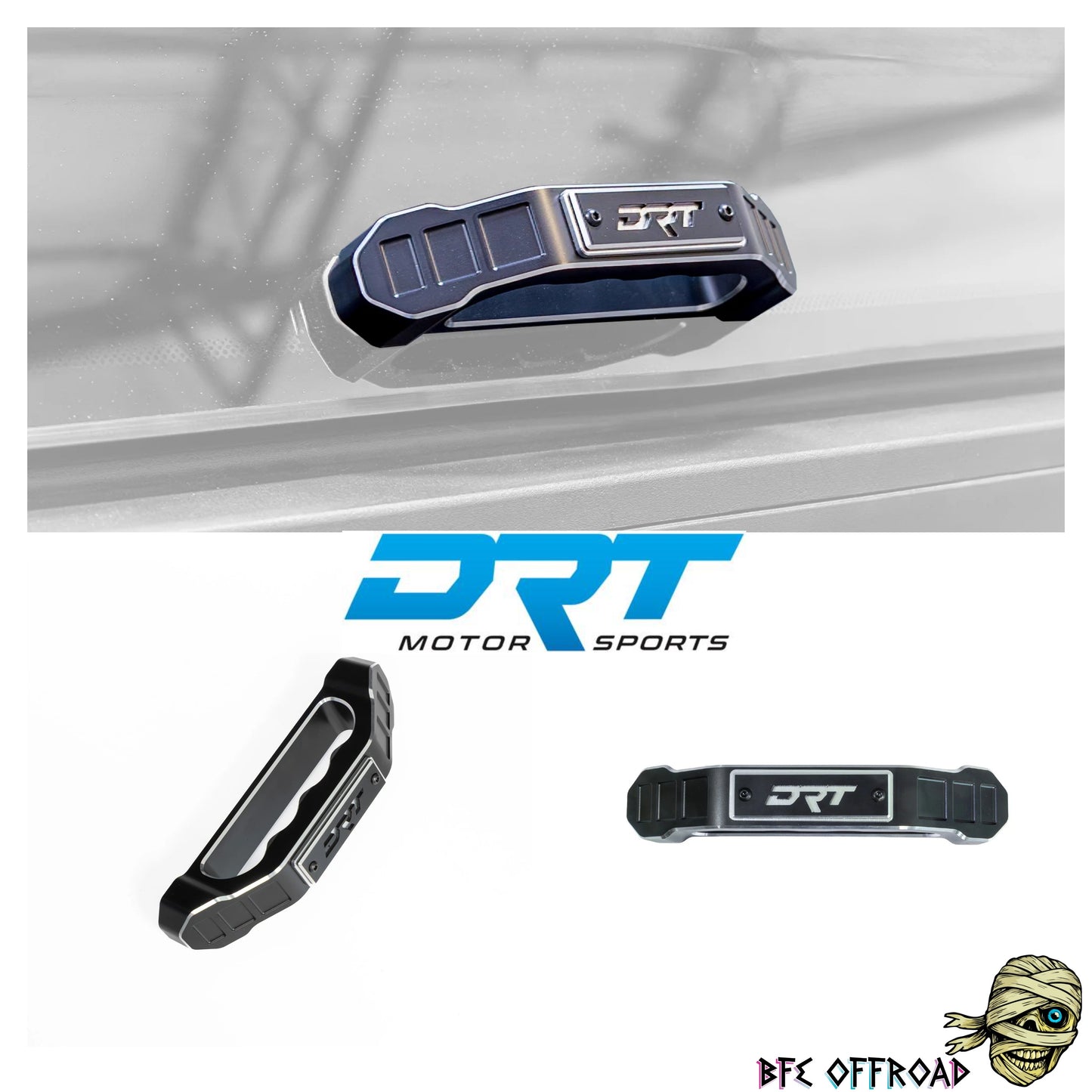 DRT Lift Gate handle mounted with logo 'BFE Offroad' and 'DRT'