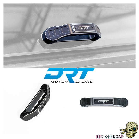 DRT Lift Gate handle mounted with logo 'BFE Offroad' and 'DRT'