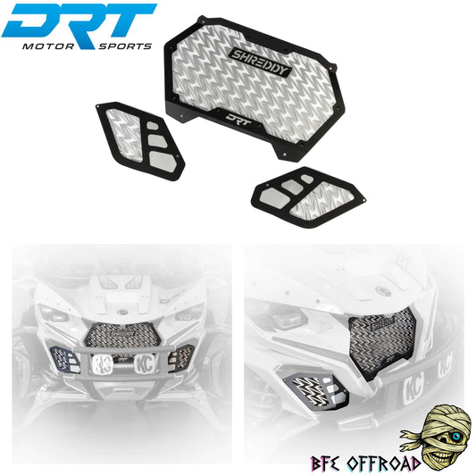 Motorcycle radiator guards with DRT and Shreddy branding on a white background.