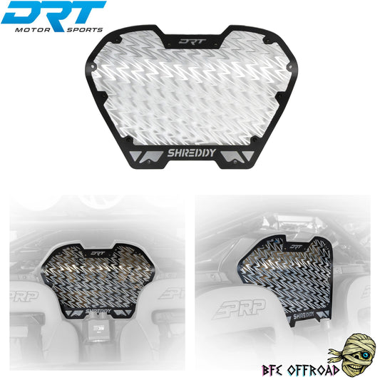 Motorcycle guard with 'DRT' and 'Shreddy' branding on a white background