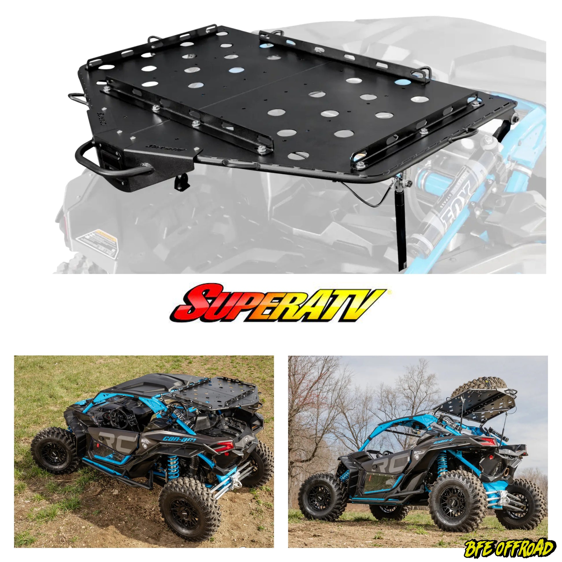 Black roof rack system on a vehicle with SuperATV branding, shown on a white background.