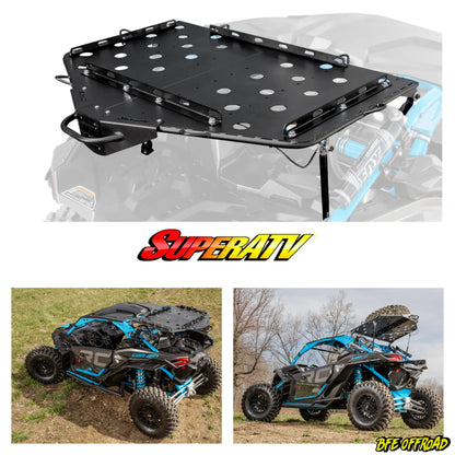 Black roof rack system on a vehicle with SuperATV branding, shown on a white background.
