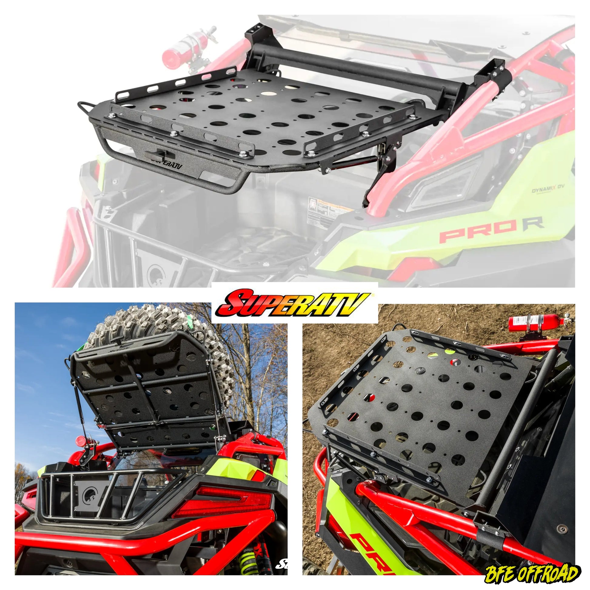 ATV roof rack system with SuperATV branding on a red ATV.