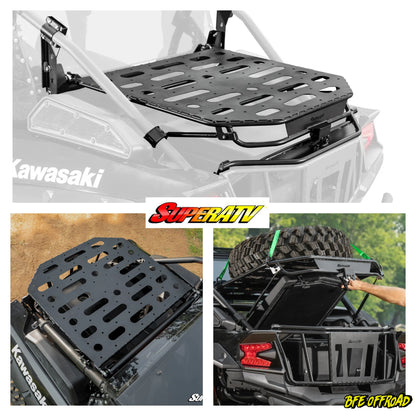 Kawasaki vehicle with a SuperATV roof rack and BFE Offroad LOGO, featuring the Kawasaki logo.