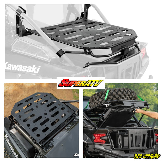 Kawasaki vehicle with a SuperATV roof rack and BFE Offroad LOGO, featuring the Kawasaki logo.
