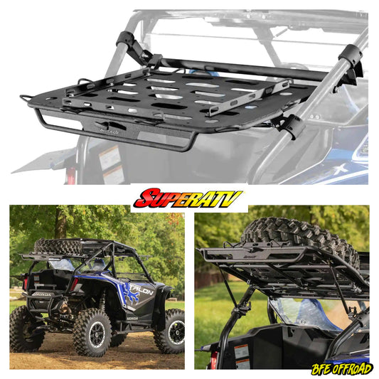 Top view of a roof rack on a vehicle with SuperATV logo and additional images of off-road vehicles with roof racks.