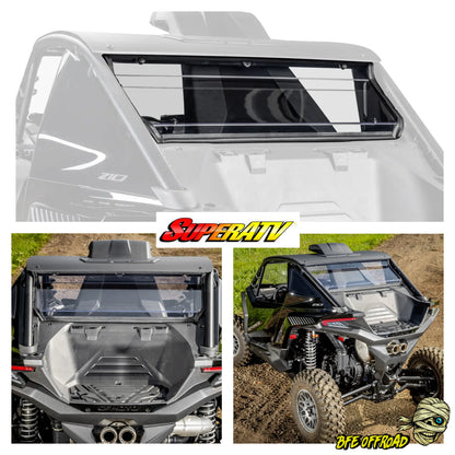 Composite product image showing a rear window roll-up door accessory for a side-by-side UTV. The top panel shows the accessory installed on a white vehicle against a white background, with the middle logo reading SuperATV.