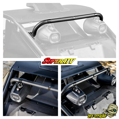SuperAtv speaker bar installed showing multiple views with SuperATV and BFE Offroad Logo's