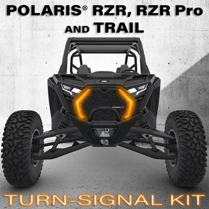 Polaris RZR, RZR Pro, and Trail vehicle with turn-signal kit text on a gray background