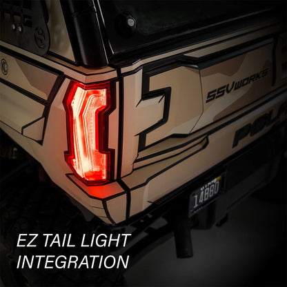 Close-up of a vehicle's tail light with 'SSVWORKS' branding and 'EZ Tail Light Integration' text.