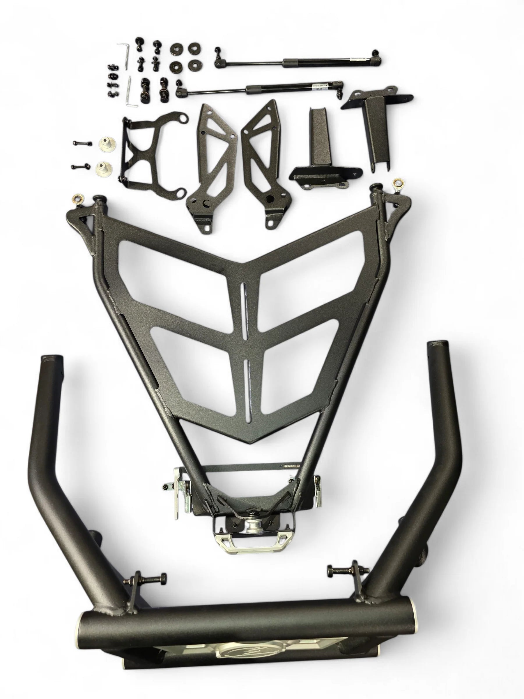 Motorcycle frame and parts on a white background