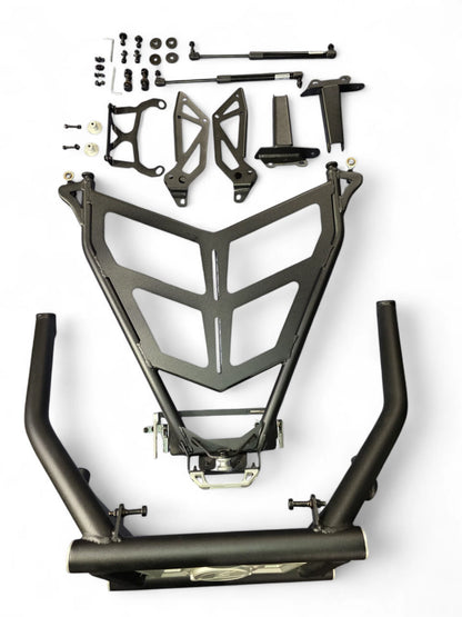 Motorcycle frame and parts on a white background