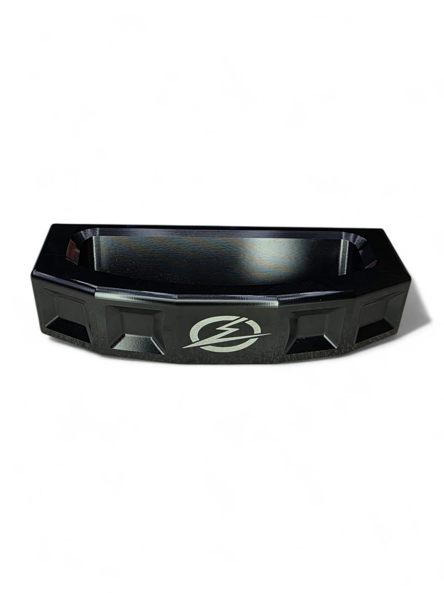 Black protective bumper with a logo on a white background