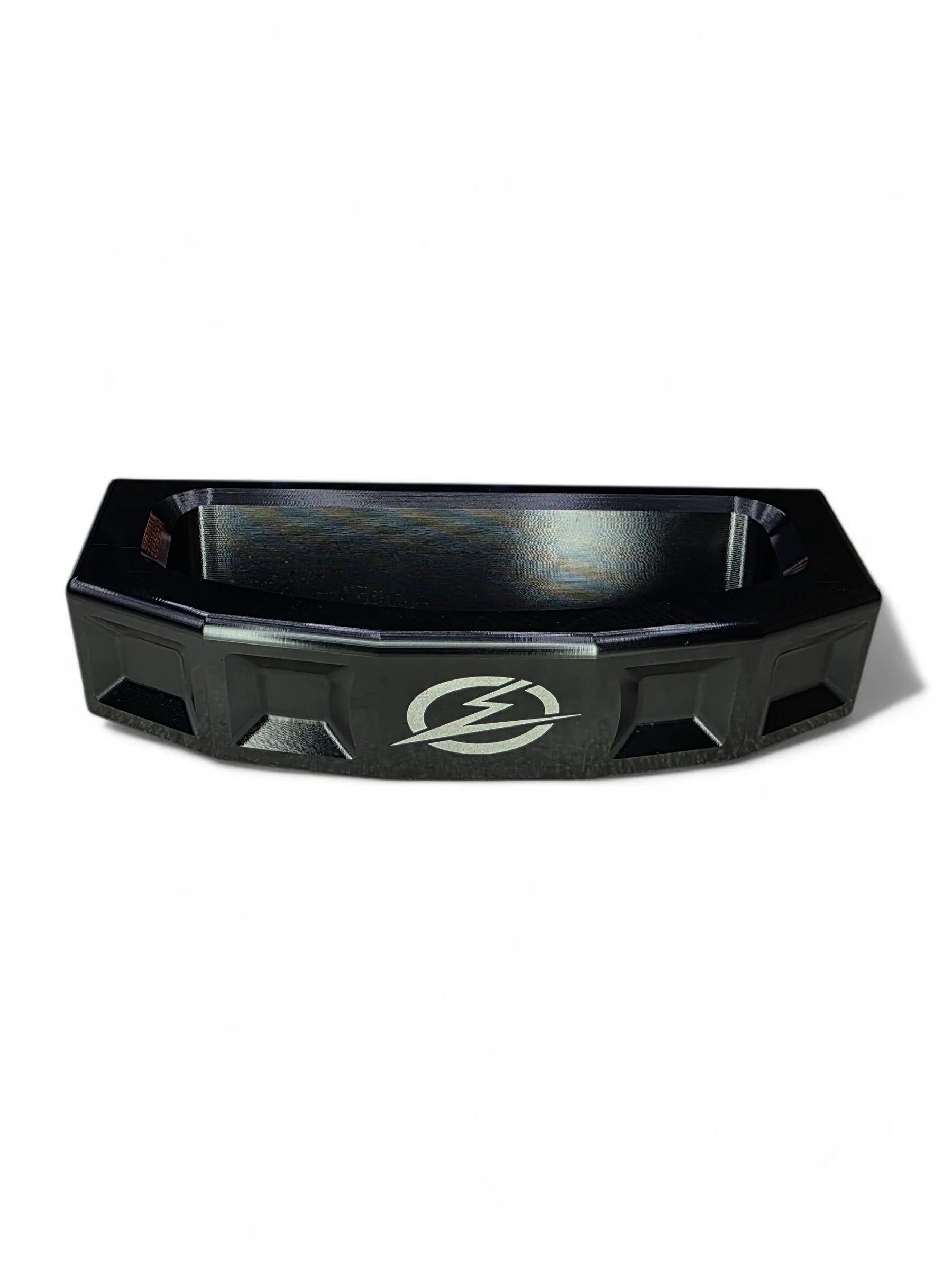 Black protective bumper with a logo on a white background