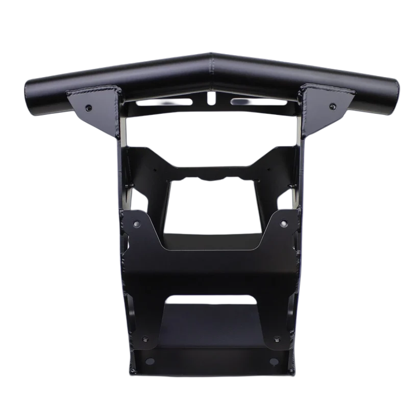 A black metal mounting bracket or frame component with a curved top bar, photographed on a plain white background.