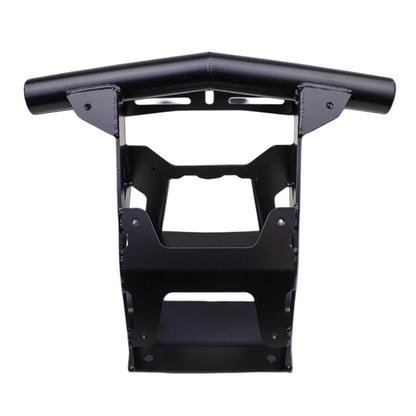 A black metal mounting bracket or frame component with a curved top bar, photographed on a plain white background.