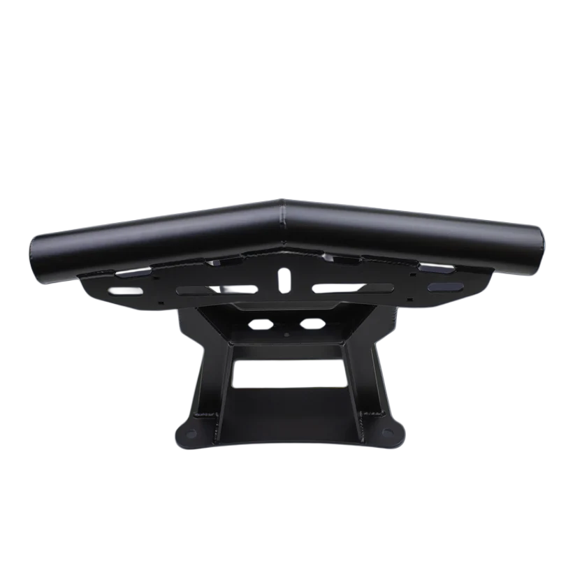 A black metal vehicle accessory with a curved top bar and a bracket-style base, shown on a plain white background.