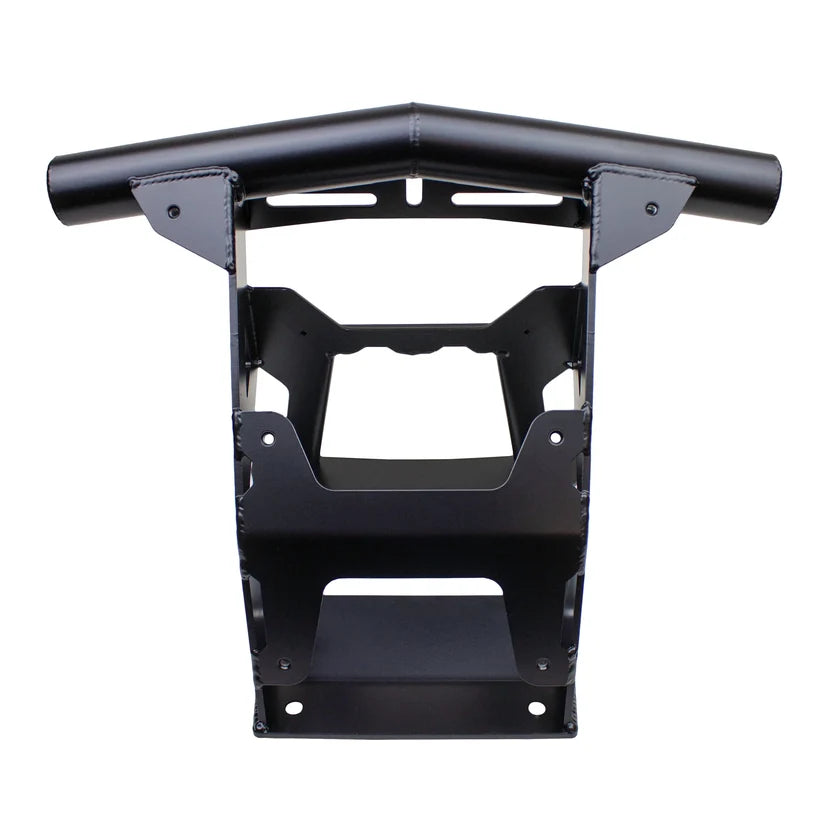 A black metal vehicle accessory frame with a curved top bar and mounting brackets, shown on a plain white background.