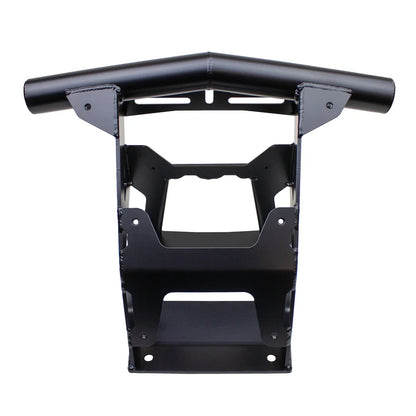 A black metal vehicle accessory frame with a curved top bar and mounting brackets, shown on a plain white background.