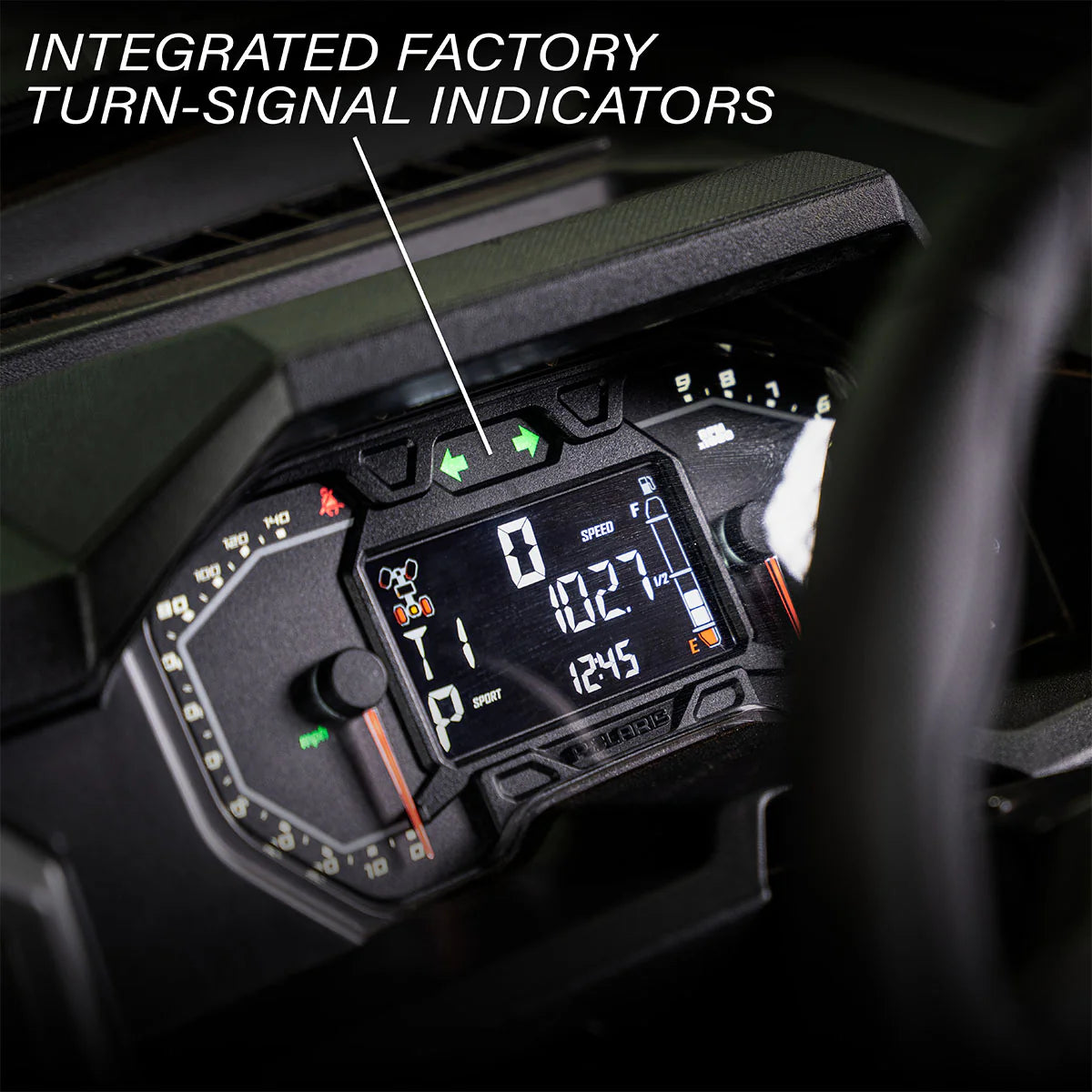  dashboard with digital display and turn signal indicators labeled 'Integrated Factory Turn-Signal Indicators'.
