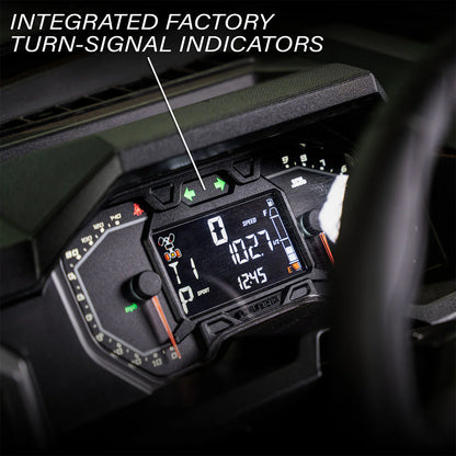  dashboard with digital display and turn signal indicators labeled 'Integrated Factory Turn-Signal Indicators'.