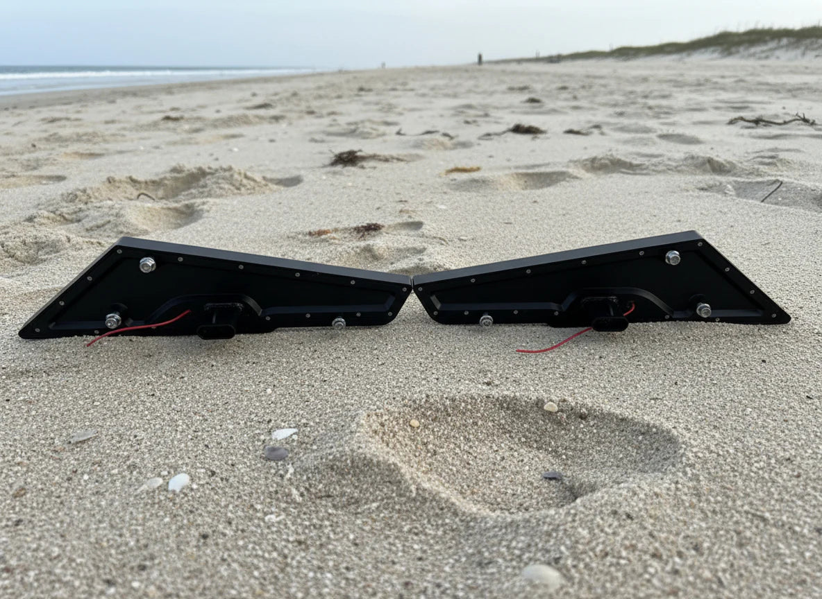 Two black metal brackets on a sandy beach with ocean in the background