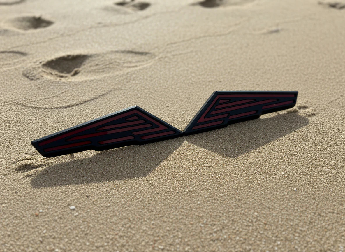 Two black and red wing-shaped objects on sand