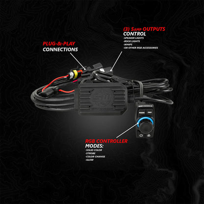 RGB lighting control system with wiring harness and controller on a dark background
