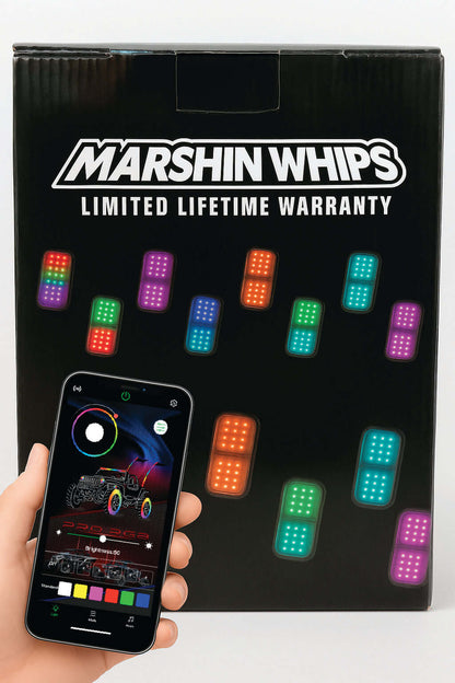 Marshin Whips product packaging with colorful lights and a smartphone app interface.