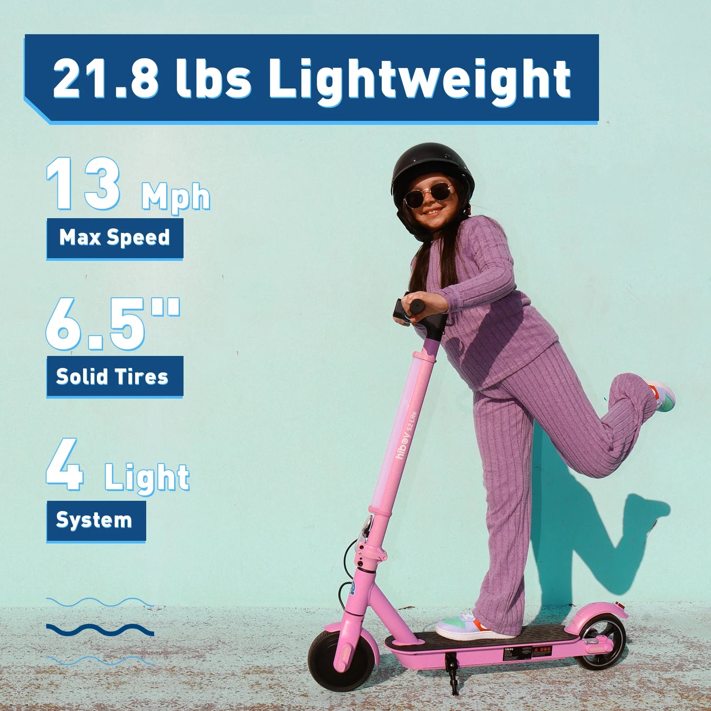 Person riding a pink scooter with specifications displayed on a light blue background