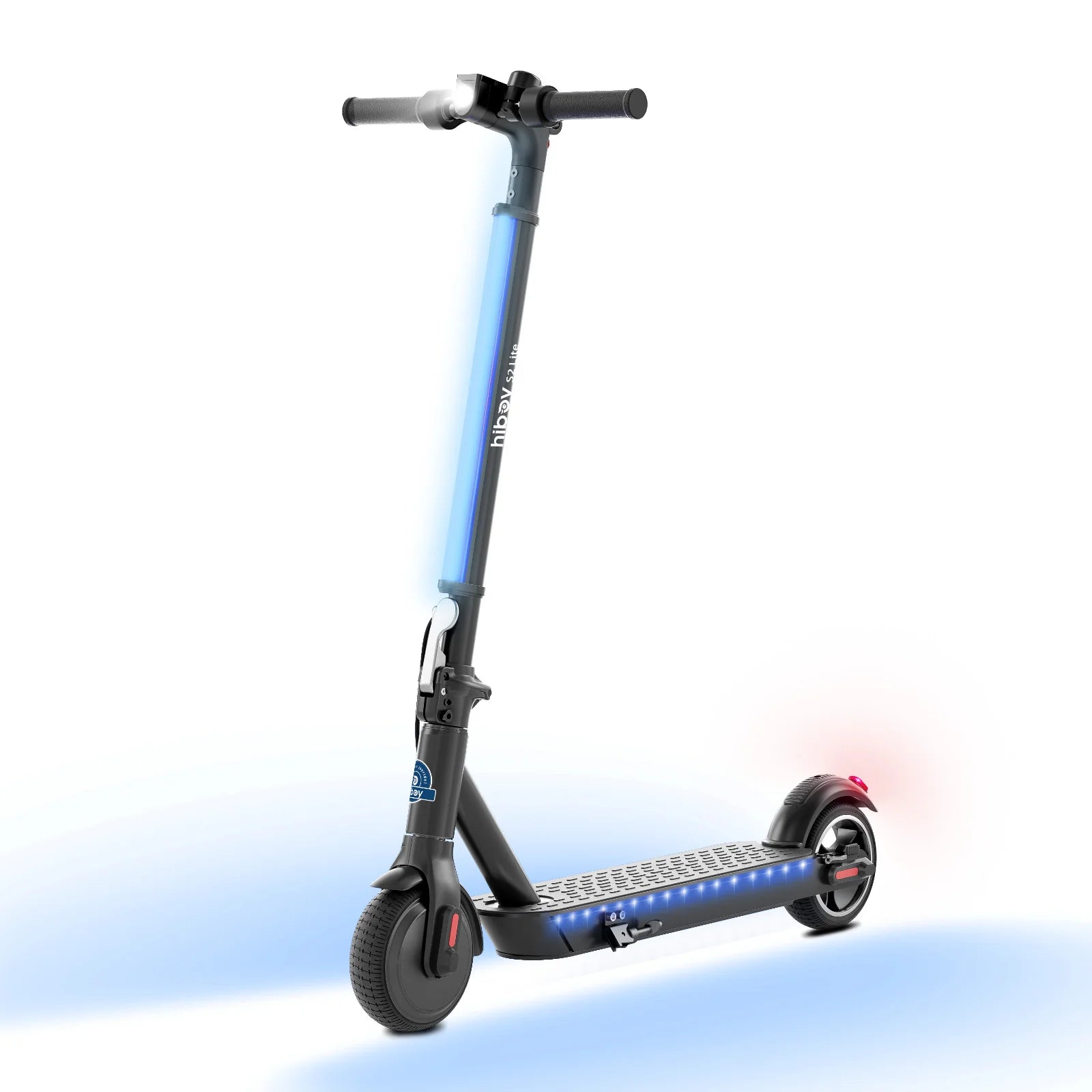 Black electric scooter with LED lights on a white background
